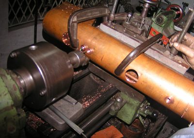 The boiler being bored on a lathe.