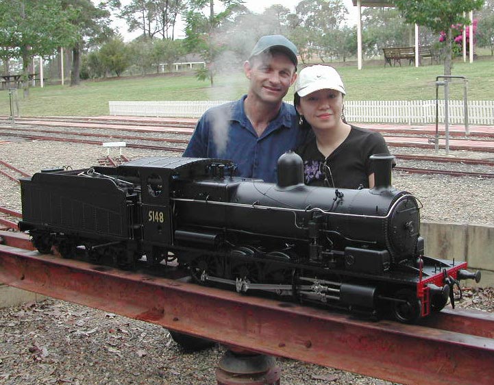 Ross and Daphne Bishop Ross and Daphne Bishop with one of his 1/10 scale locomotives.