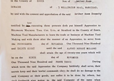 This photo shows Mr. Mellows’ original indenture agreement with the Holbrook Tool Company.