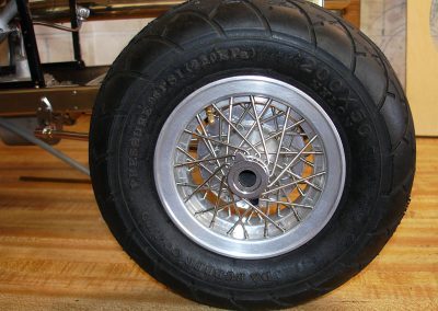 A close look at the race car wheel.