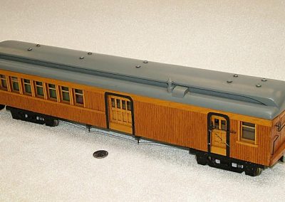 A passenger rail car.