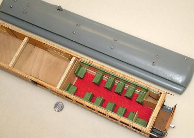 The interior of a rail car model.