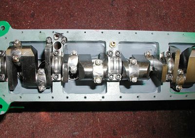 An underside view of the partially built engine block.