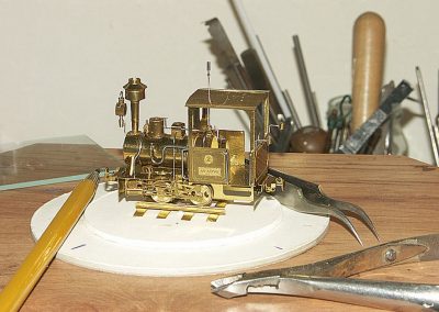 A closer look at the tiny locomotive as it neared completion.