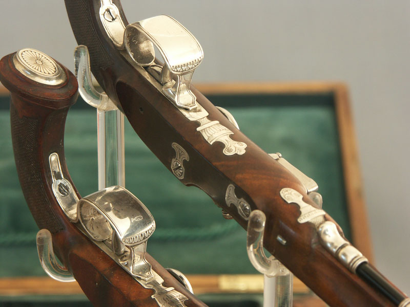 Boutet Pistols A close-up reveals the sterling silver mounts, all finely engraved.