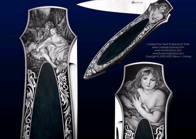 This knife was made by Rick Genovese and engraved by Steve Lindsay.