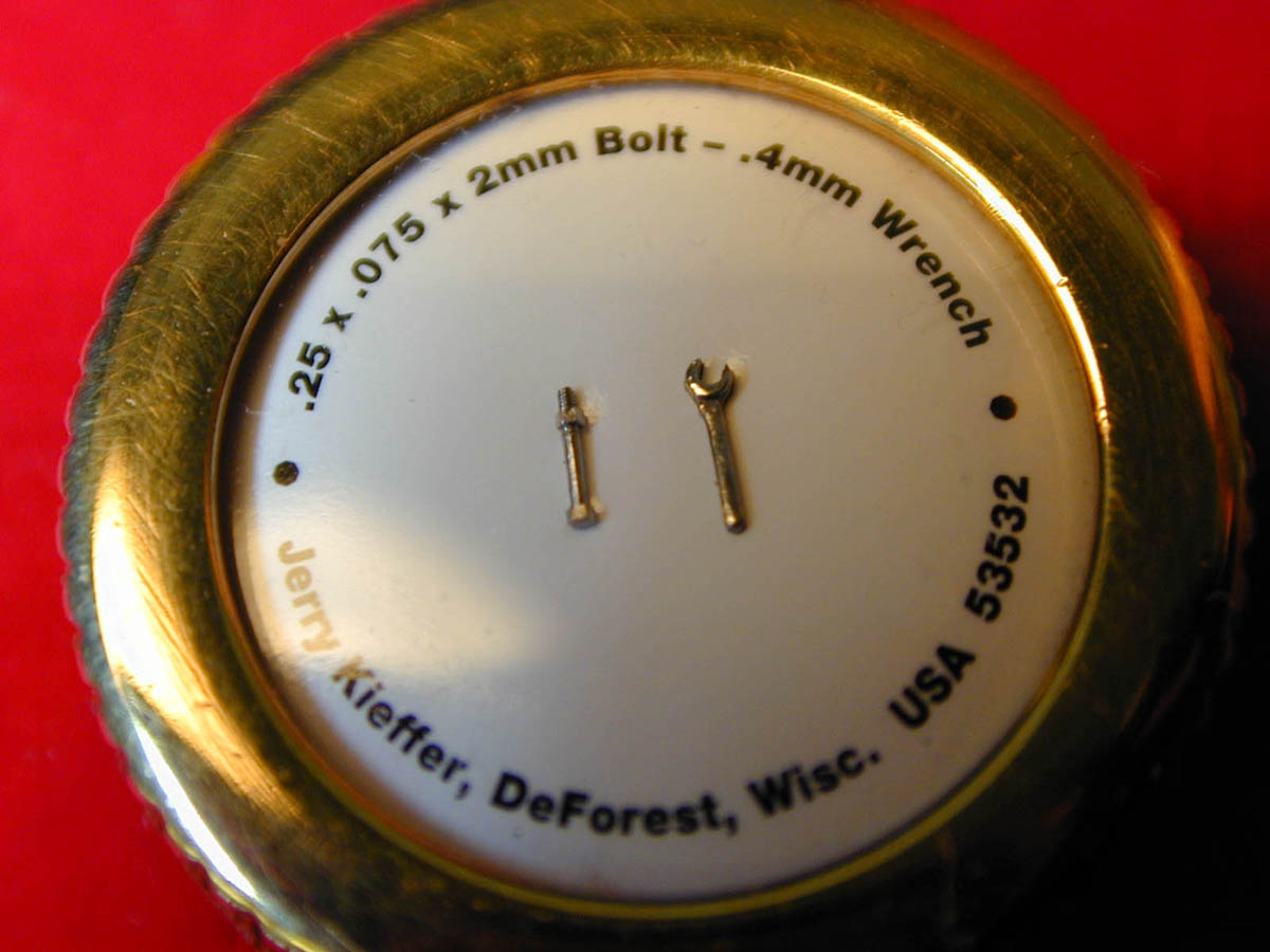 Scale Bolt and Wrench Jerry made this tiny bolt and wrench for his 1/30 scale Corliss engine.