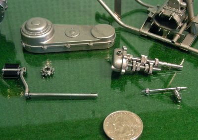 A closer look at the kick starter, internal gears, and other transmission parts.