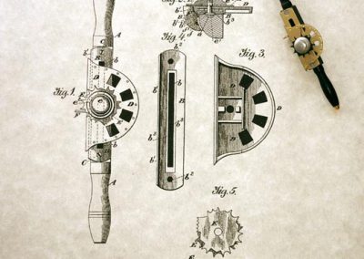 John’s miniature head beader by Windsor sits atop an original patent drawing.