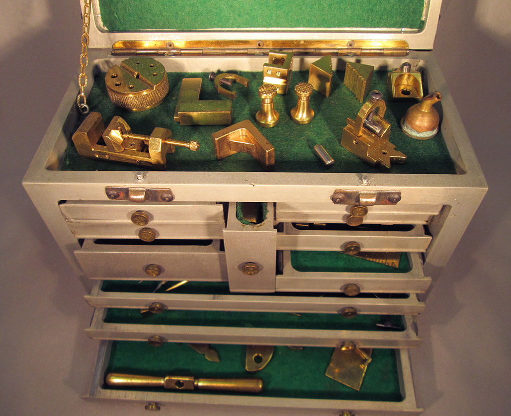 Miniature Machinist’s Toolbox With the lid open, several miniature machinist's tools can be seen.