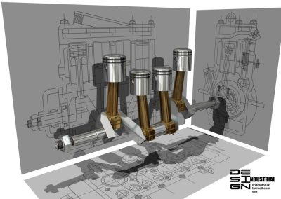 This 3D drawing shows the crankshaft, pistons, and rods.