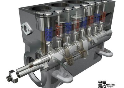 This drawing includes the block with a ghost view of the pistons, valves, crank, and cams inside.