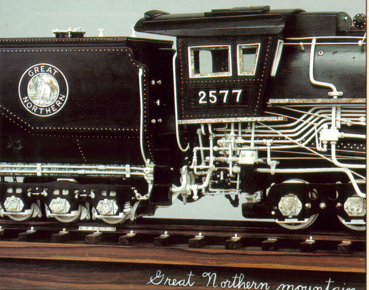 Great Northern Mountain 4-8-4 Locomotive A side view of the cab shows steam lines, rivet details, and the beautiful goat logo.