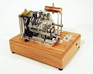 Howell V-4 Engine The finished Howell V-4 engine mounted to Craig's oak display stand.