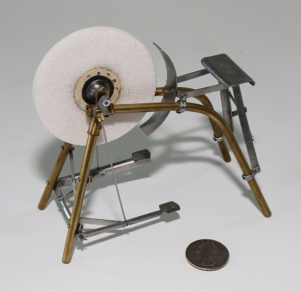 Pedal-Powered Grinding Wheel Birk’s miniature pedal-powered grinding wheel.