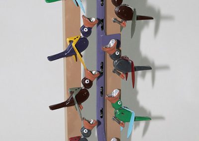Birk designed this toy, called "Egg Drop Soup," and cast the birds himself.