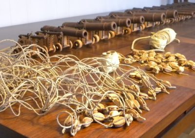 Clayton's 1/10 scale Vasa cannons are lined up along with the block and tackle rigging for support.