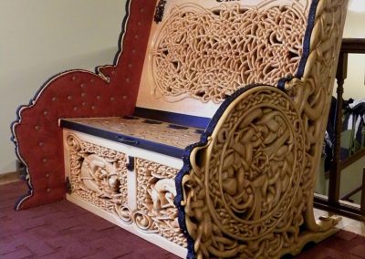 Clayton's custom built carved wooden bench.