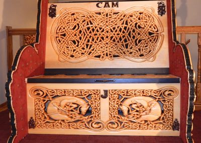 Clayton's custom built carved wooden bench.
