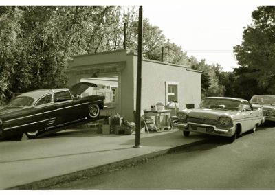 A custom Ford is on the rack at Dink’s Speed Shop.