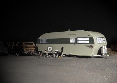 The Spartanette house trailer set up for a night scene.
