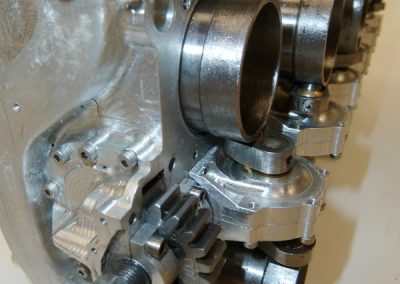 A close-up of the gear driven sleeve valve actuating mechanism.