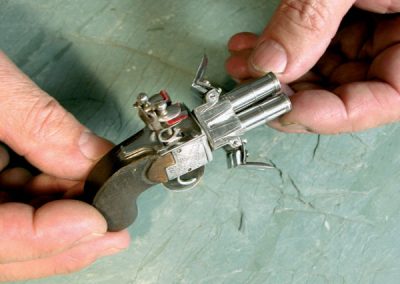 Antonio’s miniature four-barreled flintlock pocket pistol.