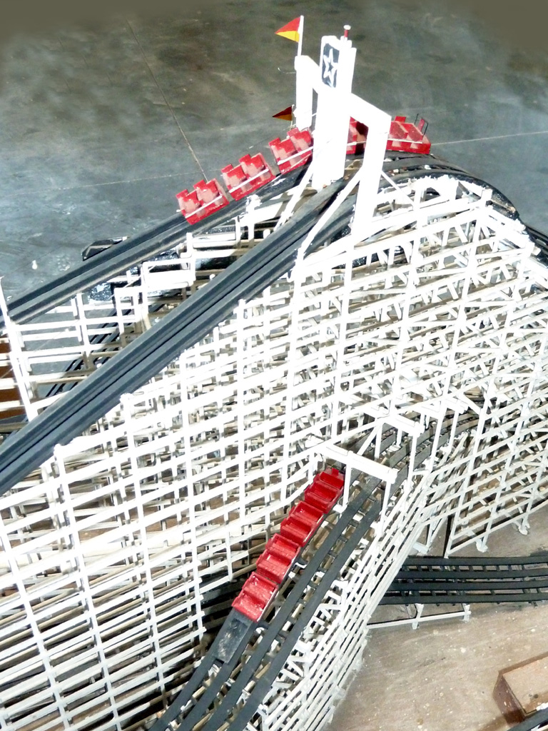 This wooden model of the roller coaster, "Cyclone Racer" was built in HO scale.
