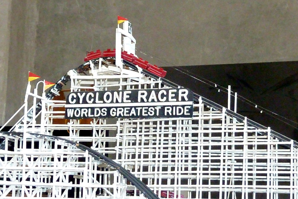 This wooden model of the roller coaster, "Cyclone Racer" was built in HO scale.