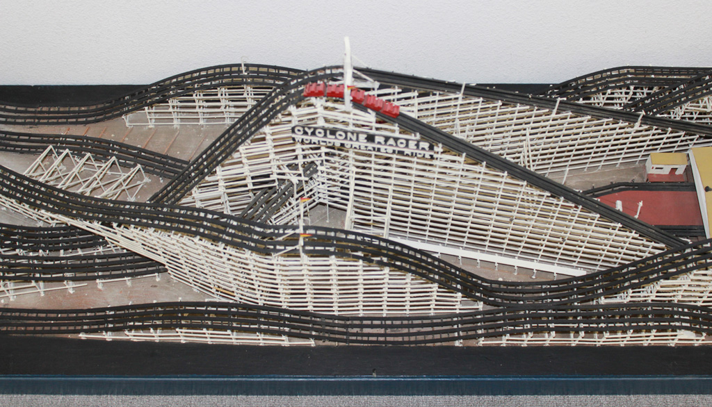 This wooden model of the roller coaster, "Cyclone Racer" was built in HO scale.