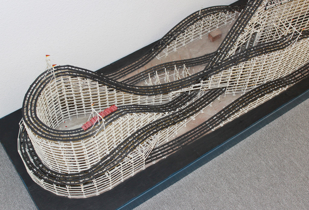 This wooden model of the roller coaster, "Cyclone Racer" was built in HO scale.