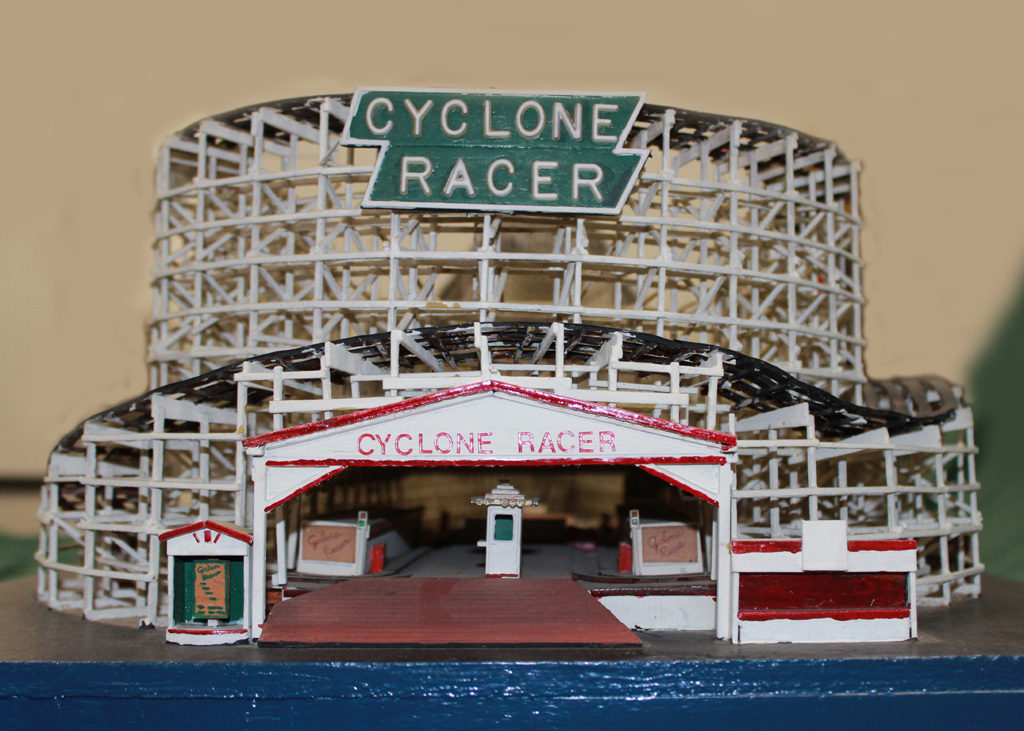 This wooden model of the roller coaster, "Cyclone Racer" was built in HO scale.