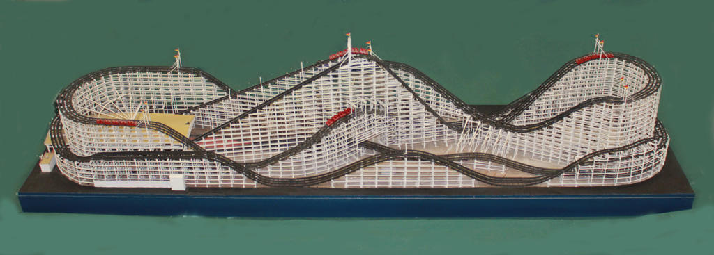 This wooden model of the roller coaster, "Cyclone Racer" was built in HO scale.