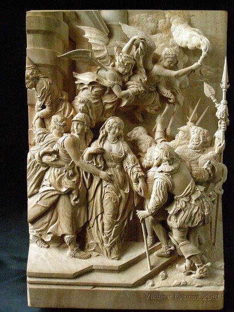 Carved Wooden Scene One of many intricately carved wooden scenes crafted by Vladimir.