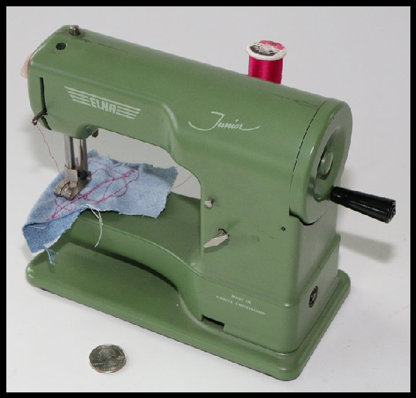 Elna Junior Miniature Travel Sewing Machine This Elna Junior is a working miniature travel sewing machine that was made in Switzerland.