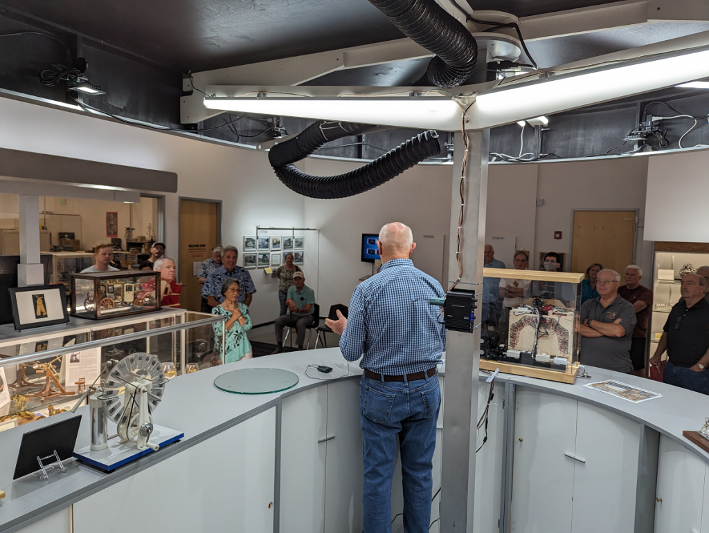 On August 12, 2023, Donald Riley gave a presentation about his music boxes to members of the San Diego Fine Woodworkers Association and other museum visitors.