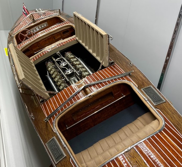 1/6 Scale Gar Wood Runabout The engine compartment on the Gar Wood can open up for a better view of the Liberty engine.