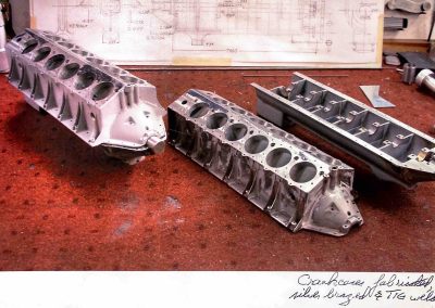 Liberty V-12 crankcases fabricated, silver brazed and TIG welded.