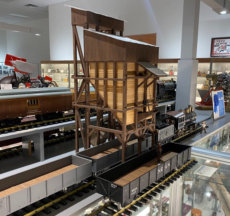 This is a G-scale wooden coaling station used for model locomotives.