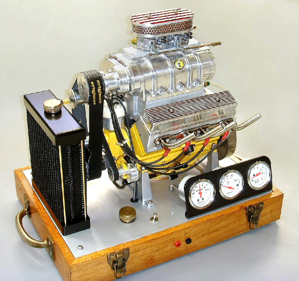 Roger Butzen built this Challenger V8 in 2000. The engine includes his custom-designed Chevy 283 overhead valve conversion and a Roots style supercharger.