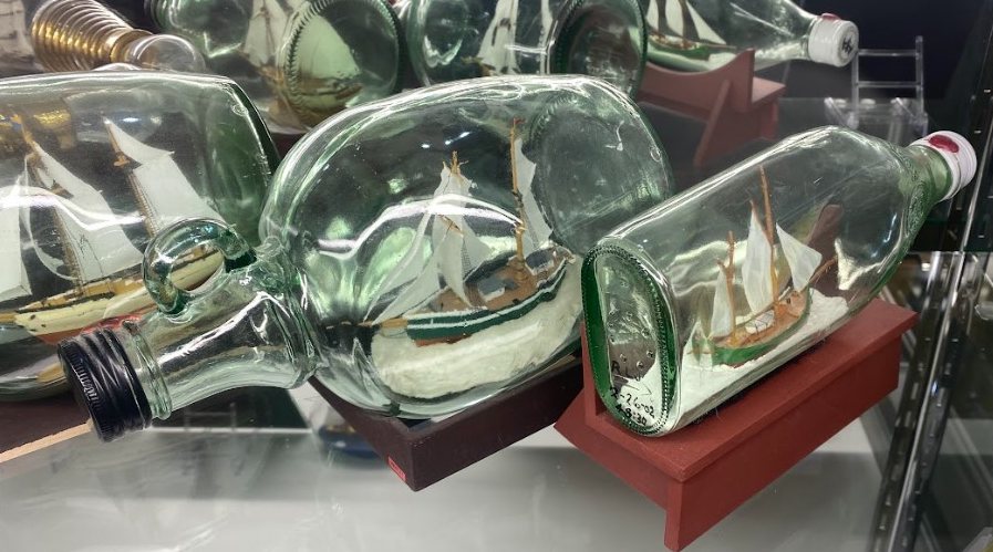 Robert “Bob” Johnson (1931–2011) handmade these four ships in bottles, which were built between 1955-2002.