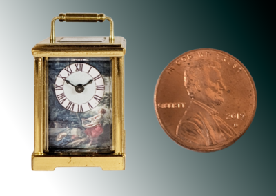 Carriage Clock - French Style. Materials: Lacquered brass case frame and handle, beveled glass panels, plastic movement holder (PLA). .6x1x.4