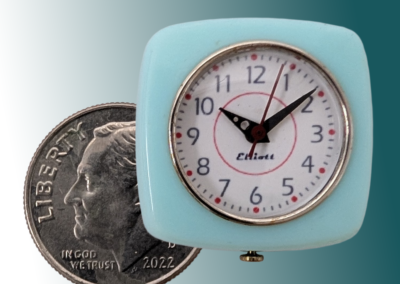 Generic 50s-60s Kitchen Clock. Materials: Plastic case (ABS), nickel brass glass ring and back cover, glass. .9x.9x.25